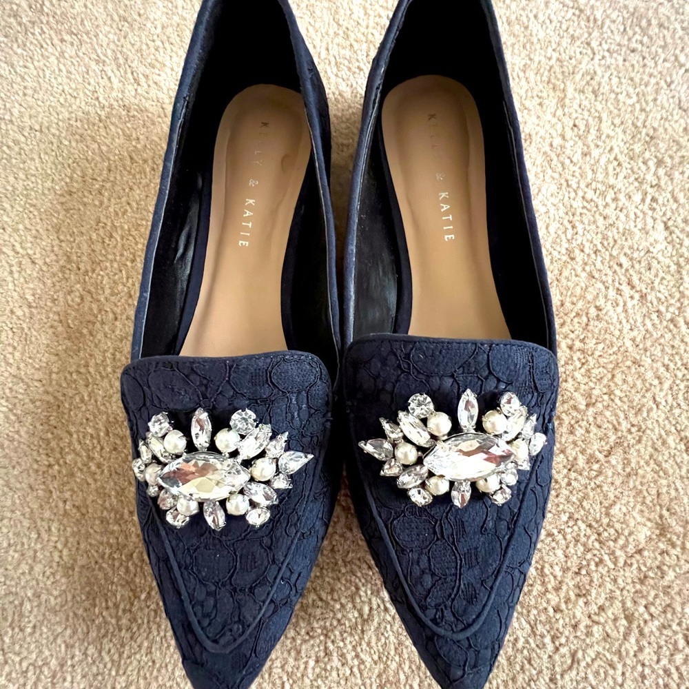 Kelly and Kate Navy blue, size 9.5, bling embellished flat.
